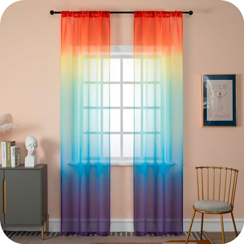 GIRASOLE HOME Coppia Tende Voile Semi Trasparenti Colore Sfumato Arcobaleno Tenda per Soggiorno Camera Cameretta Cucina e Interni 2 Pannelli con Tasca 70x258cm