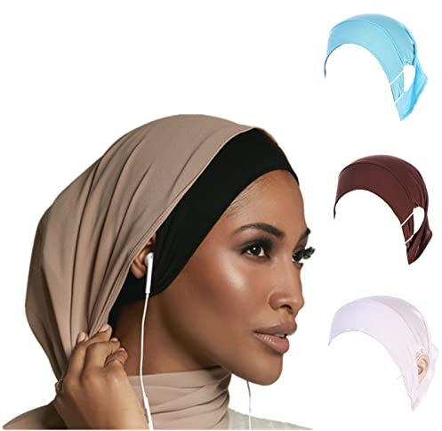 3 Stück Stretch Weiche Unterkappe Unterschal mit Ohrloch Muslim Jersey Innen unter Hijabs Kappen Islamische Turban Motorhaube, Blau + Kaffee + Weiß, Einheitsgröße