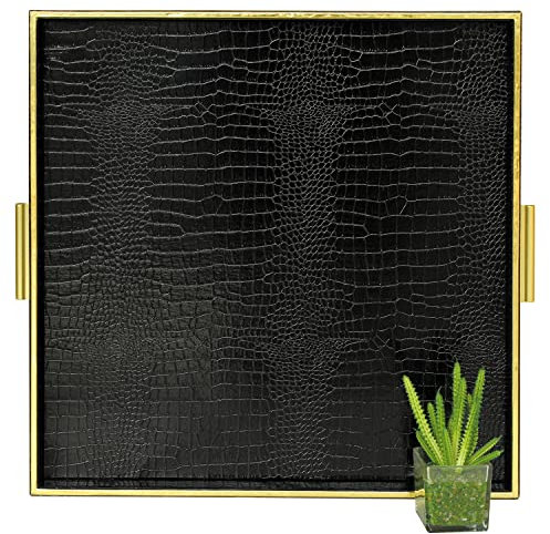 HofferRuffer Extra Large Square Serving Tray, Elegant Faux Leather Ottoman Tray with Gold Hardware Handles, Serve Tea, Coffee or Breakfast in Bed, 24 x 24 inches (Black Croco)