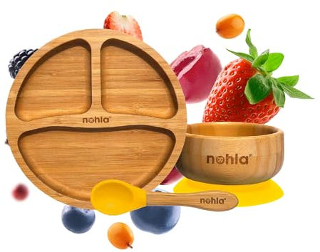nohla ® - Bamboo Baby & Toddler Suction Plate, Bowl & Silicone Spoon Weaning Set - Suction Ring for Secure Grip on Smooth Surfaces - Eco-Friendly, BPA-Free - Yellow