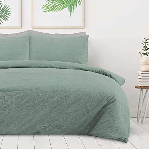 Sleepdown 100% Pure Cotton Plain Dye Sage Green Duvet Cover Quilt Pillow Case Bedding Set Soft Easy Care - Single (135cm x 200cm)