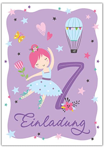 Junapack 12 Einladungskarten zum 7. Kindergeburtstag siebte Geburtstag Mädchen Ballerina