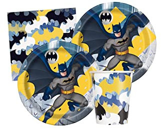 Isola Party Kit de fête d'anniversaire Batman respectueux de l'environnement (16 assiettes, 16 tasses, 16 serviettes)