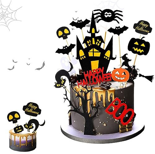 15 Stücke Kuchen Deko Halloween mit Fledermaus Kürbis Schloss Hexe Besen Mond Cupcake Toppers - Halloween Kuchen Topper
