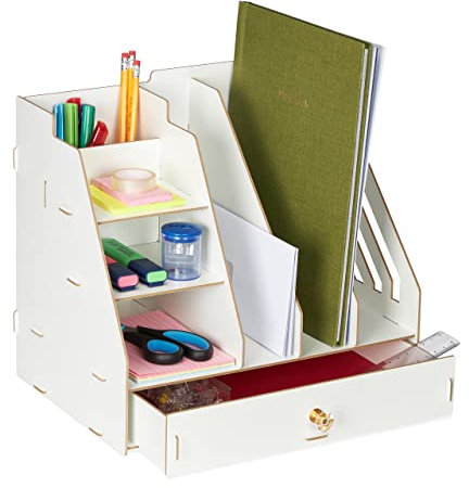 Relaxdays Organiseur bureau, 3 porte-documents, 3 étagères, 2 porte-stylos, 1 tiroir, école, DIY, MDF, blanc