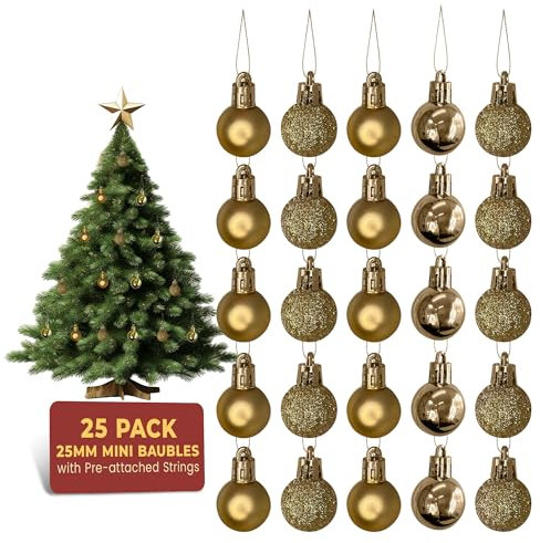 Festive Fix 25 Gold Mini Shatterproof Christmas Baubles - Shiny, Matte & Glitter Hanging Ornament, Lightweight, Durable Xmas Decorations for Christmas Trees, Home, Party & Festive Events