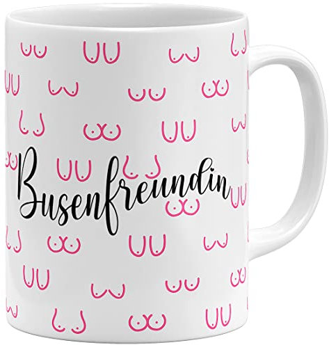 OM3® witzige Busenfreundin Kaffee-Tasse mit Brüsten Doodle BFF Brüste-Muster - Keramik Becher - 325ml - Rundumdruck - Weiss