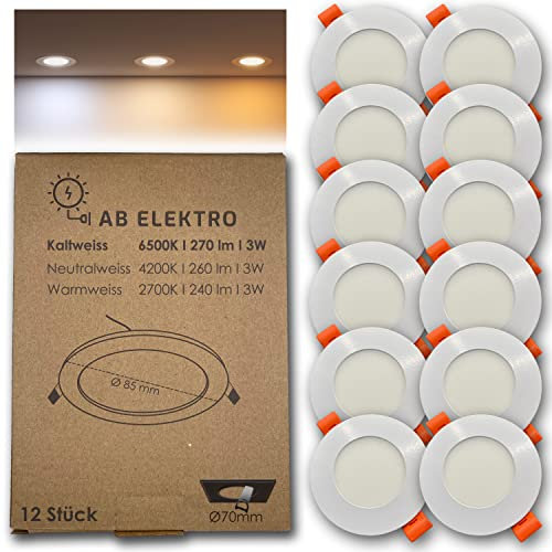AB Elektro LED Deckenleuchte flach rund 12er Set I 3W LED Einbaustrahler 12V Kaltweiß I LED Panel Deckenleuchte I LED Einbauleuchte Set mit Trafo