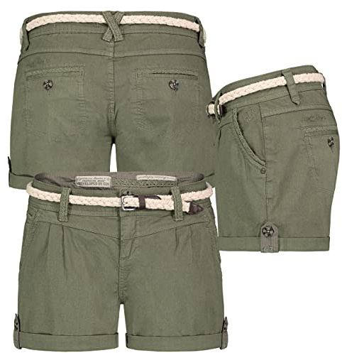 Eight2nine Damen Short Bermuda Kurze Hose Sommer Chino Stoff Hotpants mit Gürtel, Hosengröße:S / 36, Farbe:Dusty Olive