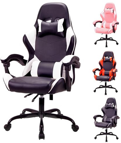 T-THREE.Ergonomic high-back gaming, computer, office, study, swivel, and racing-style chair with adjustable lumbar and headrest support, 150kg weight capacity, ideal for home office(White)