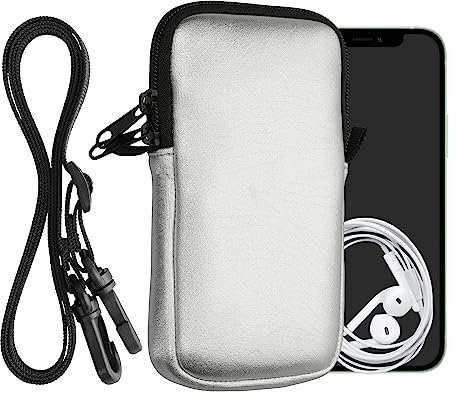 kwmobile Handytasche für Smartphones L - 6,5 - Neopren Handy Hülle Metallic Silber mit Kordel - Handy Tasche mit Handykette 16,5 x 8,9 cm Innenmaße