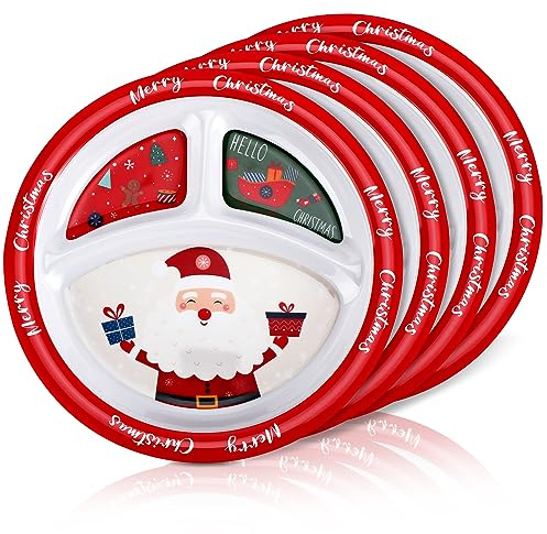 Uiifan 4 Pcs Christmas Divided Plates Christmas Dinnerware Set Sectional Dinner Plate Reusable Christmas Dishes Printed with Santa Claus for Holiday Xmas Home Dinner Meal Food, 8.5 Inches