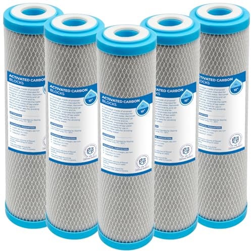 Aktivkohleblockfilter, 10 Zoll - 5 Stück, entfernt Chlor und seine Verbindungen, verbessert Geschmack und Geruch des Wassers, max. 6 Monate Laufzeit, Aktivkohle