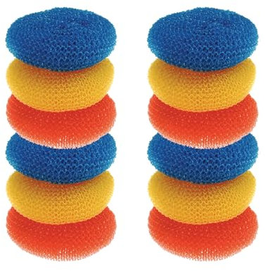 Lola Products Plastic Mesh Scouring Pads - 3.375 x 1.25, Durable Non-Scratch Dish Scrubbers to Clean Dishes, Assorted & Random Colors, Red, Blue or Yellow, 12 Pack
