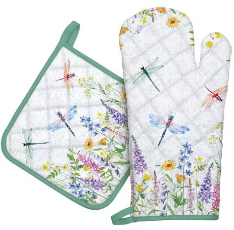 Arquiel Ofenhandschuh und Topflappen 2er Set, 100% Baumwolle Kochhandschuhe, Hitzebeständiger Küchenhandschuh Zum Kochen Backen Grillen Geschenk,Retro-Blumen und Pflanzen