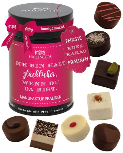 Hallingers Genuss Manufaktur Pralinen Valentinstagsgeschenk - ohne Alkohol, handmade aus Confiserie-Edelkakao in wertiger Geschenkdose Pink, Ich bin h..., Valentintstag für Frauen Freundin