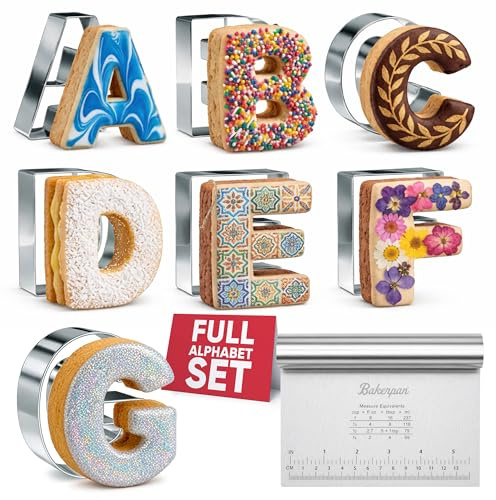 Bakerpan Stainless Steel Alphabet Cookie Cutter Set, Big 3.5 Inch English Letters, 26 Large ABC Cookie Cutters, with Bonus Dough Cutter