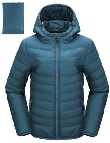 33,000ft Damen Leichte Steppjacke Packbare Übergangsjacke mit Taschen für Frauen Gefüttert Warme Pufferjacke mit Kapuze für Outdoor Freizeit Wandern Petrol Blau S
