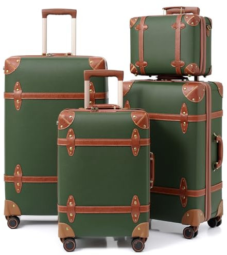 Urecity Vintage Reisekoffer Set 4 Teilig Leicht Retro Lederkoffer Hartschale Trolley Handgepäck Sets mit TSA Schloss und 8 Rollen (S-M-L-XL) (Grün, Kofferset)