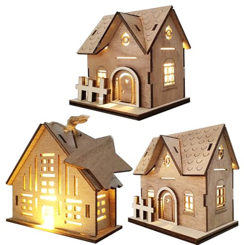 FUFRE LED Maisons de Village de Noël en Bois Lumineuses, Maison Village de Noel Miniature avec des Lumières Décoration de Table de Vacances de Noël, Noël Pendentifs Arbre Décorations (3Pièces-B)