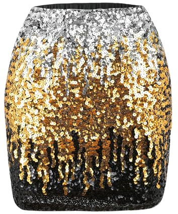 Kefiyis Glitzer Pailletten Rock Mit Elastischer Taille Und Futter - Für Karneval, Party, Rave - Silber/Gold/Schwarz - Größe M