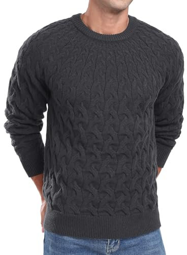 QIXING Men's Jumpers Cable Knit Crew Neck Jumper for Men UK Casual Long Sleeve Sweaters Pullover Tops with Ribbed Edge (Dark Gray, L)