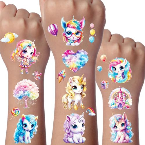 Licorne Tatouage Paillette Enfant, 12 Feuilles Tatouages Ephemere Enfant Fille, Anniversaire Cadeaux Licorne pour Enfants, Invitation Anniversaire Tatouage, Etanche Tatouage Paillettes Enfants