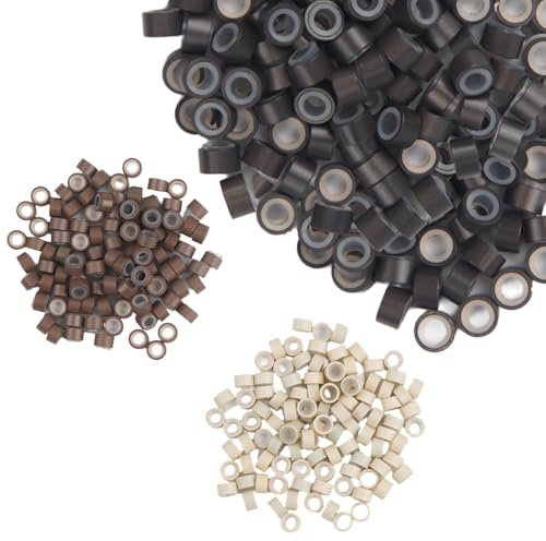 300 Stück Silikon gefütterte Micro Ringe Perlen,Haar Flitter Perlen Mikro Links,5mm Microrings Silikonringe Micro Links Ring Beads für Haarverlängerung(Blond,Braun,Schwarz)