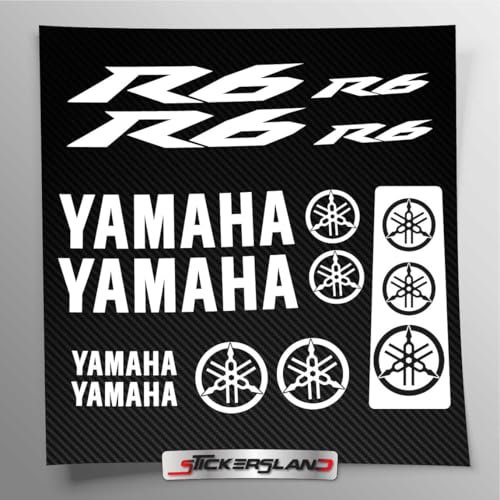 Kit adesivi compatibile con serbatoio e casco moto | Base Vinile Trasparente FACILE APPLICAZIONE Stampa UV | scritte loghi | Stickersland® - R6 dal 2006 al 2015 (Bianco)
