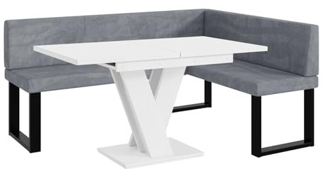 MEBLINI Eckbank für Esszimmer mit ausziehbarem Tisch - Küchenbank - Essecke - Sitzecke Küche - Toni - U-Beine 128x168x87cm Rechts - Grau Samt/M Weiß Matt