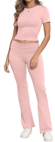 IWOLLENCE Lounge Set Damen Zweiteiler Hausanzug Kurzarm Oberteil mit Breitem Elastischem Hosenbund Schlaghose Loungewear Set (Rosa, S)