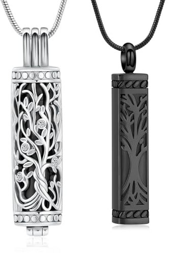 VCCWYQK Baum des Lebens Urne Halsketten für Asche Kremation Schmuck Würfel Asche Keepsake Halskette Bar Urne Anhänger für Frauen Männer (E-Schwarz-2PC)