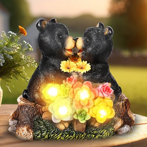 Solar Bären Garten Dekor, Harz Solar Garten Statuen, Schwarzer Bär Figur, Wasserdicht Staue für Hof Terrasse Lawm Balkon Lustige Housewarming Geburtstag Gartenarbeit Geschenke für Frauen Mütter