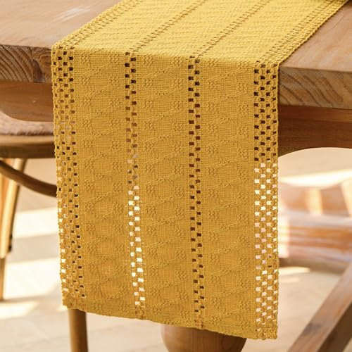 Jayusaror Tischläufer Gelb Boho Makramee Modern Frühling Bauernhaus Klein Tischdecke Schmal Landhausstil Rustikaler Tisch Läufer Baumwolle Leinen Table Runner für Hochzeit Tabletop Deko 30x140 cm