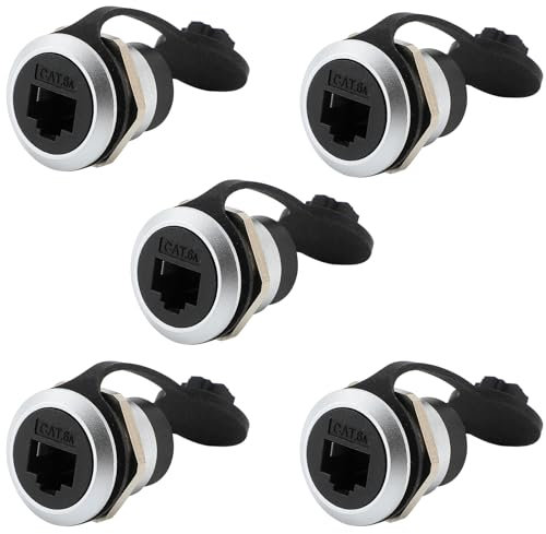 PENGLIN 5 Stück RJ45 CAT6A Geschirmter Einbaustecker, Cat5/5e/6/6A 8P8C Ethernet LAN Kabeladapter, Buchse zu Buchse Bulkhead Verlängerungsschnittstelle Adapter mit Wasserdichter/Staubkappe