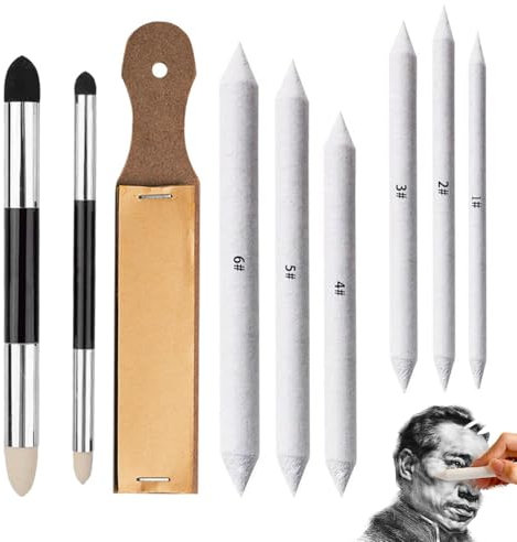 9 Pièces Estompeur Dessin, Kit Estompe en Papier,Bâtons de Mélange,9 Tailles Différentes,Double Extrémité Tortillons Estompes Dessin,Planche de Papier de Verre avec Crayon, pour Dessin, Art
