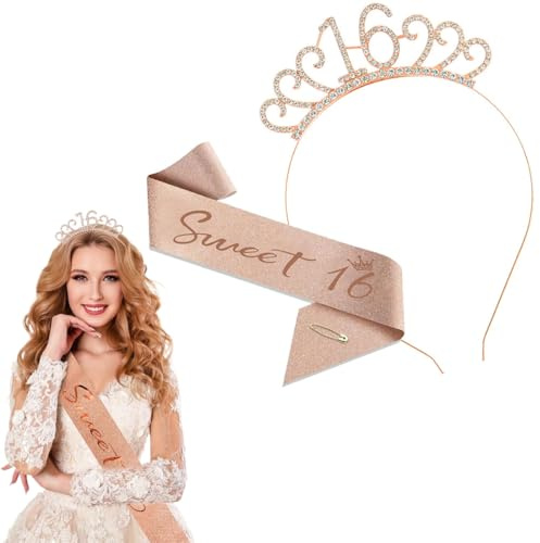 KOQAIIZ 16 Ans Femme Couronne Anniversaire Écharpe Diadème Tiare Happy 16th Birthday Décoration Ensemble
