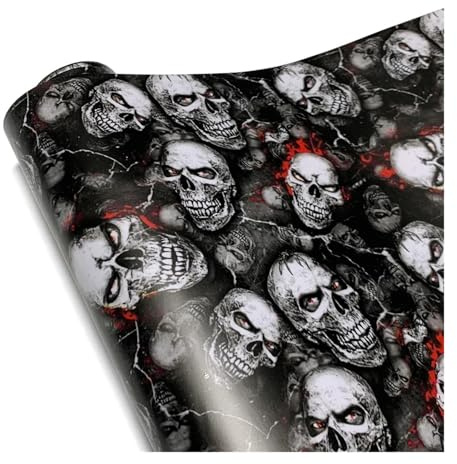 Autoaufkleber Wrap Vinyl Totenkopf Cartoon bedruckte Karosseriefolie Selbstklebende Folie for Motorrad Autozubehör(Red-eye Skull Design,20cmx150cm)