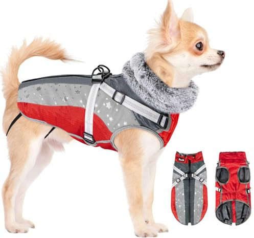 Eyein Hundemantel Winter mit Geschirr, Wasserfest Winddicht Reflektierend | Wärmend Fleece Hundejacke für kleine, mittlere und große Hunde, Welpenweste für Spaziergänge im Freien (Rot, XS)