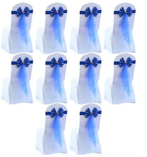 Elastische Stuhlhussen mit Schleife, entworfen für Hochzeit, Party und Hotel, passend für Stuhlumfang 83 - 93 cm, Blau, 10 Stück