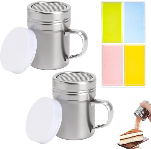 LOLANIUT 2 Piezas Espolvoreador Cacao y Azúcar Glas de Acero Inoxidable – Espolvoreador con Tapa y Mango, Malla Fina tipo Tamiz para Canela, Capuchino y Repostería