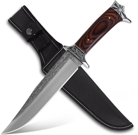 GER-SABER Outdoor Messer 31 cm – Trailing-Point Klinge mit Atzoptik, Klassischer Handschutz mit Motiv, Schwarznussbaum-Griff, Robuster Naturbegleiter