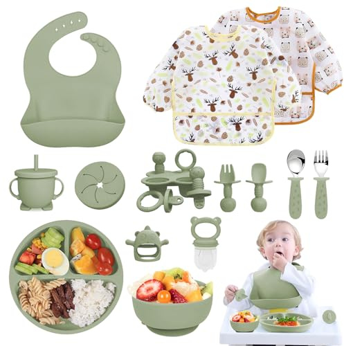 Vajilla Bebe Silicona, 14 Piezas Juegos de Vajilla Bebe Antideslizante con Platos Cuenco Babero Cuchara Bebe Taza, Cubiertos Bebe, Baby Led Weaning, Sin BPA, Cubiertos Infantiles (Verde)