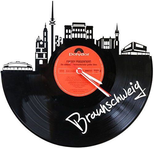 GRAVURZEILE Schallplattenuhr - Skyline Braunschweig - Wanduhr aus gegossenem Vinyl mit Stadt Skyline 30 cm - Upcycling Design-Uhr Wand-Deko Vintage Wand-Dekoration Retro-Uhr - Made in Germany