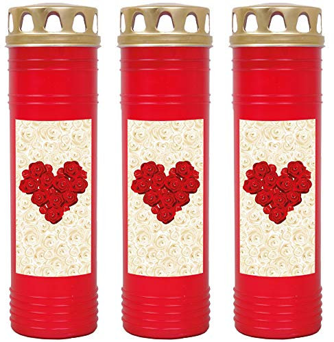 HScandle Grabkerze - 3er Pack - (Rot) Grablicht ca. 7 Tage Brenndauer je Kerze - Motiv: Rose Herz