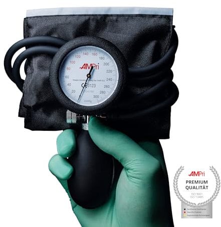 Oberarm Aneroid Blutdruckmessgerät ohne Bügelring, Med-Comfort, 2-Schlauch-System, schwarz, 1 Stück, Arzt, Praxis, Krankenhaus in praktischer Tasche, [ISO 81060]