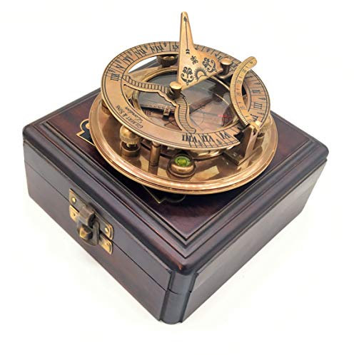 A S Handicrafts Gilbert Sonnenuhr-Kompass aus Messing mit Holzgehäuse – Camping/Wandern Steampunk-Zubehör – Antik-Finish – schöne Sonnenuhr (antike Messing-Sonnenuhr)