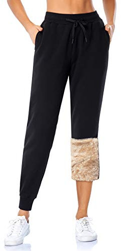 MOVE BEYOND Pantalon de Jogging en Polaire Femmes avec 2 Poches Longue Pantalon de Chaud Doublé en Sherpa avec Cordon Sweatpants Hiver, Noir, Doublure Polaire, M