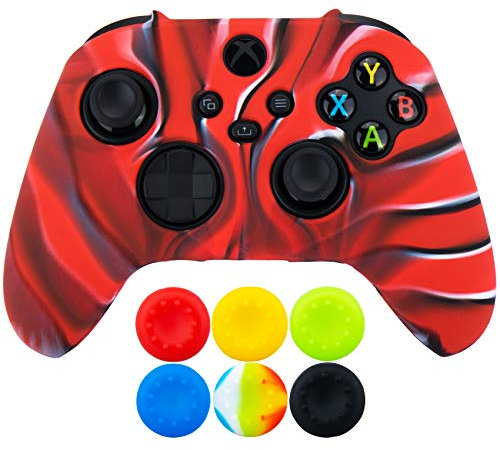 9CDeer 1 x Silicona Protector Cubrir Piel + 6 Apretones de Pulgar y Tapones a Prueba de Polvo para Xbox Series X/S Mando Camuflaje Rojo
