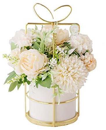 KIRIFLY Künstliche Blumen mit Vase,Unechte Blumen Deko Künstlich Pfingstrose Seide Hortensien Dekoration Blumenarrangements Hochzeit Blume Tischdekoration(weiß mit Vase)